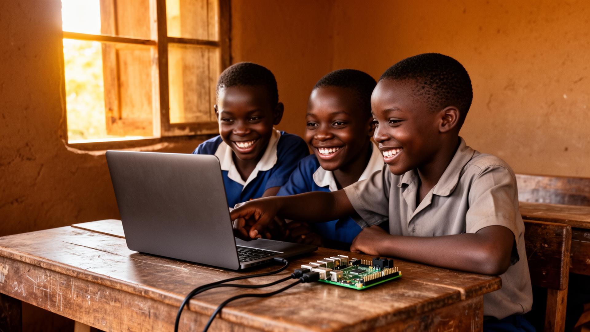 Students learning on laptops connected to a Raspberry Pi in a rural classroom
