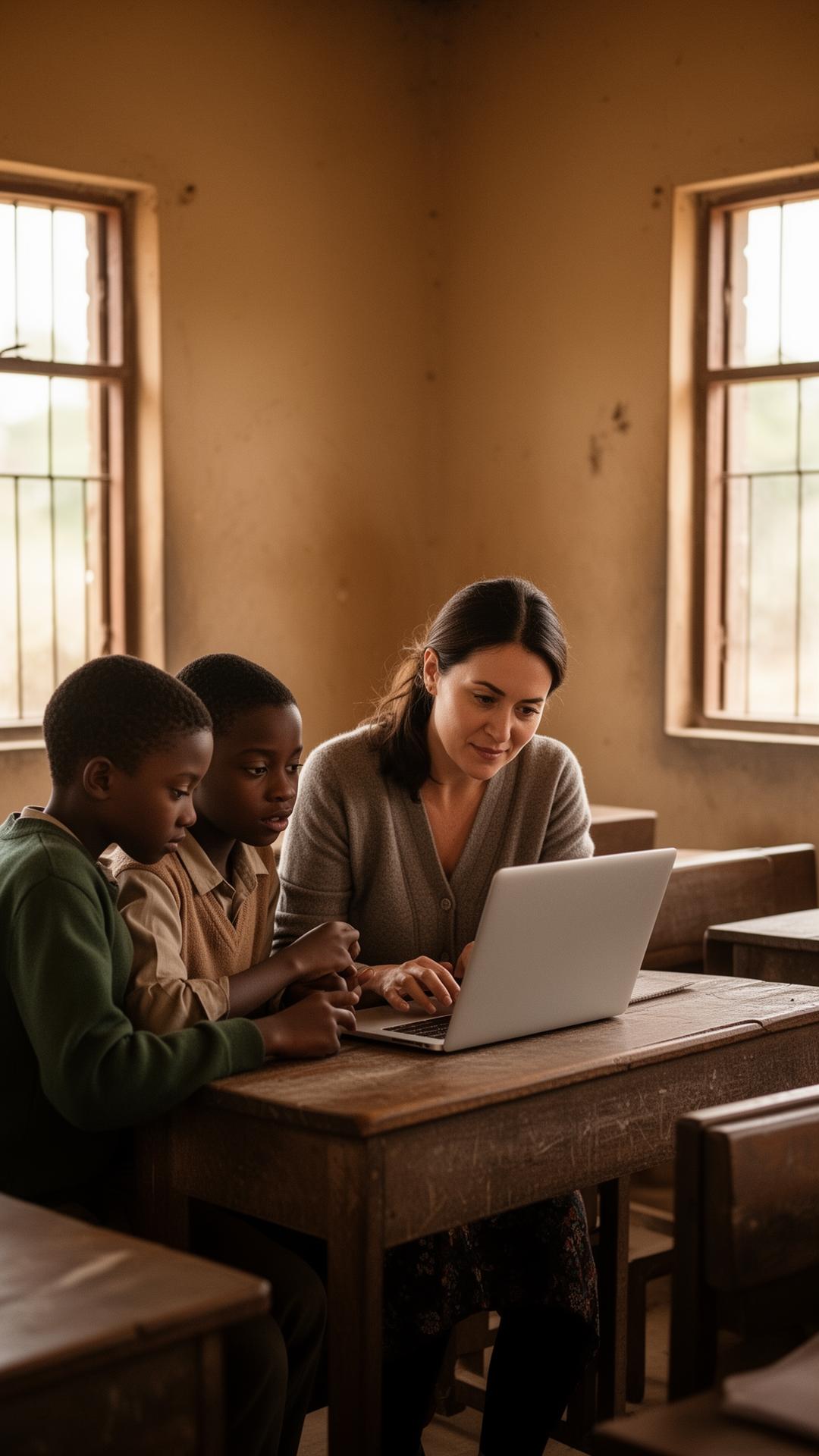 A teacher working with two students on a laptop